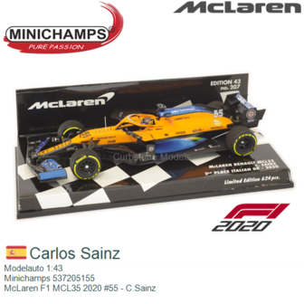 Modelauto 1:43 | Minichamps 537205155 | McLaren F1 MCL35 2020 #55 - C.Sainz