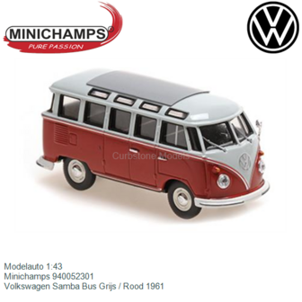 Modelauto 1:43 | Minichamps 940052301 | Volkswagen Samba Bus Grijs / Rood 1961