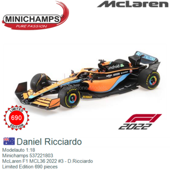 Modelauto 1:18 | Minichamps 537221803 | McLaren F1 MCL36 2022 #3 - D.Ricciardo