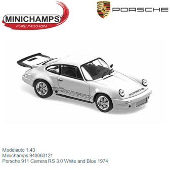 Modelauto 1:43 | Minichamps 940063121 | Porsche 911 Carrera RS 3.0 White and Blue 1974