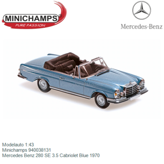 Modelauto 1:43 | Minichamps 940038131 | Mercedes Benz 280 SE 3.5 Cabriolet Blue 1970