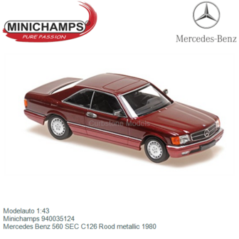 Modelauto 1:43 | Minichamps 940035124 | Mercedes Benz 560 SEC C126 Rood metallic 1980