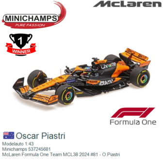 Modelauto 1:43 | Minichamps 537245681 | McLaren Formula One Team MCL38 2024 #81 - O.Piastri