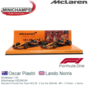 Modelauto 1:43 | Minichamps 532248104 | McLaren Formula One Team MCL38 - 2 Car Set 2024 #4 - #81 - O.Piastri - L.Norris