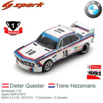 Modelauto 1:43 | Spark 43SPA1973 | BMW 3.0 CSL 1973 #10 - T.Hezemans - D.Quester