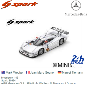 Modelauto 1:43 | Spark S0994 | AMG Mercedes CLR 1999 #4 - M.Webber - M.Tiemann - J.Gounon