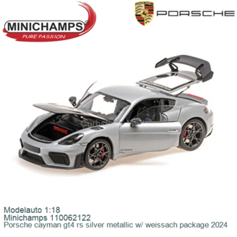 Modelauto 1:18 | Minichamps 110062122 | Porsche cayman gt4 rs silver metallic w/ weissach package 2024