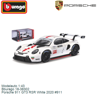 Modelauto 1:43 | Bburago 18-38302 | Porsche 911 GT3 RSR White 2020 #911