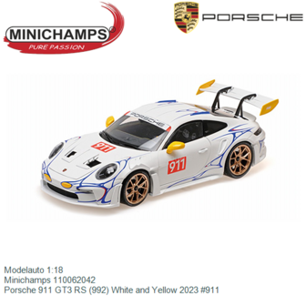 Modelauto 1:18 | Minichamps 110062042 | Porsche 911 GT3 RS (992) White and Yellow 2023 #911