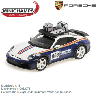 Modelauto 1:18 | Minichamps 110062075 | Porsche 911 RoughRoads Rothmans White and Blue 2022