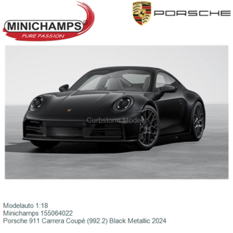 Modelauto 1:18 | Minichamps 155064022 | Porsche 911 Carrera Coup&eacute; (992.2) Black Metallic 2024