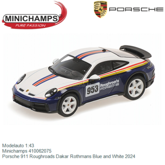 Modelauto 1:43 | Minichamps 410062075 | Porsche 911 Roughroads Dakar Rothmans Blue and White 2024