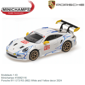 Modelauto 1:43 | Minichamps 410062116 | Porsche 911 GT3 RS (992) White and Yellow decor 2024