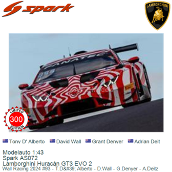 Modelauto 1:43 | Spark AS072 | Lamborghini Hurac&aacute;n GT3 EVO 2 | Wall Racing 2024 #93 - T.D&amp;#39; Alberto - D.Wall - G.De