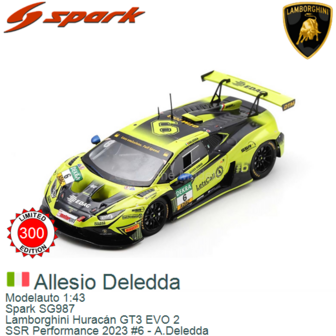 Modelauto 1:43 | Spark SG987 | Lamborghini Hurac&aacute;n GT3 EVO 2 | SSR Performance 2023 #6 - A.Deledda