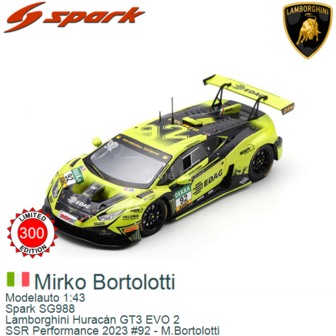 Modelauto 1:43 | Spark SG988 | Lamborghini Hurac&aacute;n GT3 EVO 2 | SSR Performance 2023 #92 - M.Bortolotti