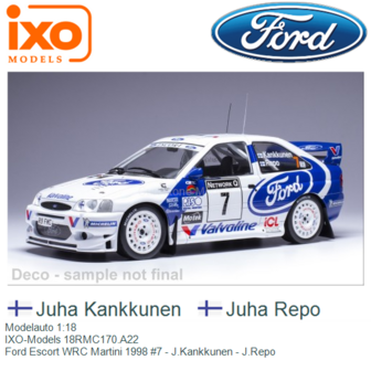 Modelauto 1:18 | IXO-Models 18RMC170.A22 | Ford Escort WRC Martini 1998 #7 - J.Kankkunen - J.Repo