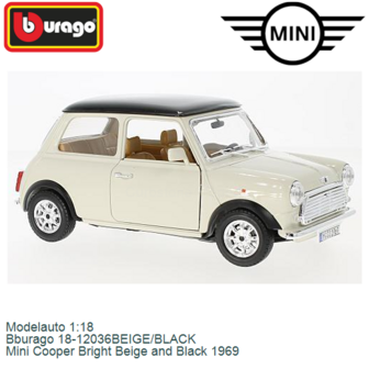 Modelauto 1:18 | Bburago 18-12036BEIGE/BLACK | Mini Cooper Bright Beige and Black 1969