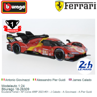 Modelauto 1:24 | Bburago 18-26309 | Scuderia Ferrari / AF-Corse 499P 2023 #51 - J.Calado - A.Giovinazzi - A.Pier Guidi