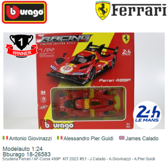 Modelauto 1:24 | Bburago 18-26583 | Scuderia Ferrari / AF-Corse 499P  KIT 2023 #51 - J.Calado - A.Giovinazzi - A.Pier Guidi