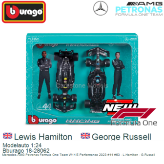 Modelauto 1:24 | Bburago 18-28062 | Mercedes AMG Petronas Formula One Team W14 E-Performance 2023 #44 #63 - L.Hamilton - G.Russ