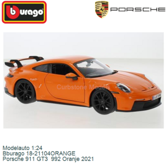 Modelauto 1:24 | Bburago 18-21104ORANGE | Porsche 911 GT3  992 Oranje 2021