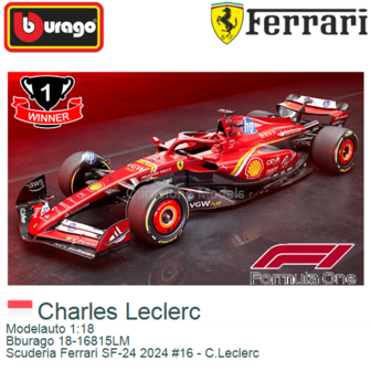 Modelauto 1:18 | Bburago 18-16815LM | Scuderia Ferrari SF-24 2024 #16 - C.Leclerc