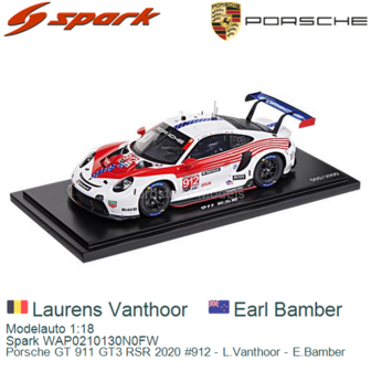 Modelauto 1:18 | Spark WAP0210130N0FW | Porsche GT 911 GT3 RSR 2020 #912 - L.Vanthoor - E.Bamber