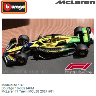 Modelauto 1:43 | Bburago 18-38214PM | McLaren f1 Taem MCL38 2024 #81