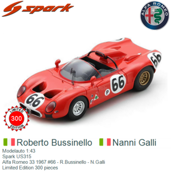 Modelauto 1:43 | Spark US315 | Alfa Romeo 33 1967 #66 - R.Bussinello - N.Galli