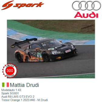 Modelauto 1:43 | Spark SG931 | Audi R8 LMS GT3 EVO 2 | Tresor Orange 1 2023 #40 - M.Drudi