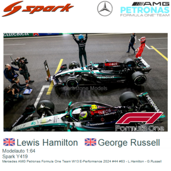 Modelauto 1:64 | Spark Y419 | Mercedes AMG Petronas Formula One Team W13 E-Performance 2024 #44 #63 - L.Hamilton - G.Russell