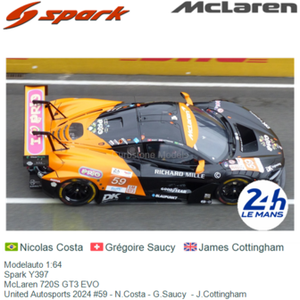 Modelauto 1:64 | Spark Y397 | McLaren 720S GT3 EVO | United Autosports 2024 #59 - N.Costa - G.Saucy  - J.Cottingham