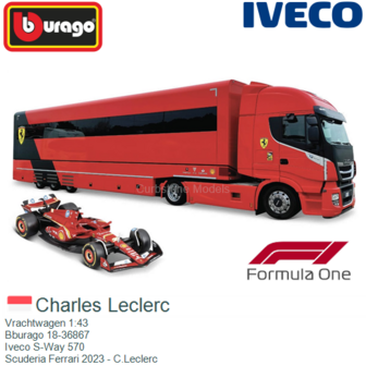 Vrachtwagen 1:43 | Bburago 18-36867 | Iveco S-Way 570 | Scuderia Ferrari 2023 - C.Leclerc