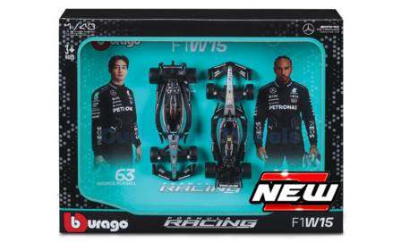 Modelauto 1:43 | Bburago 18-38115 | Mercedes AMG Petronas Formula One Team W15 E-Performance 2024 #44 #63 - L.Hamilton - G.Russ