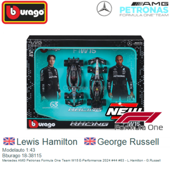 Modelauto 1:43 | Bburago 18-38115 | Mercedes AMG Petronas Formula One Team W15 E-Performance 2024 #44 #63 - L.Hamilton - G.Russ