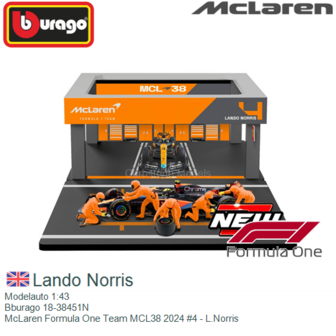 Modelauto 1:43 | Bburago 18-38451N | McLaren Formula One Team MCL38 2024 #4 - L.Norris