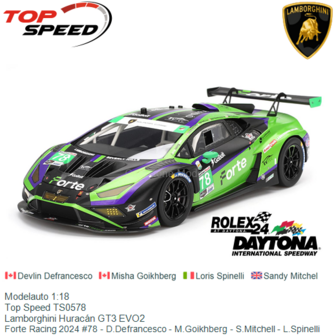 Modelauto 1:18 | Top Speed TS0578 | Lamborghini Hurac&aacute;n GT3 EVO2 | Forte Racing 2024 #78 - D.Defrancesco - M.Goikhberg - S