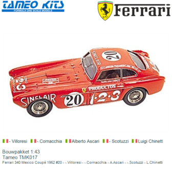 Bouwpakket 1:43 | Tameo TMK017 | Ferrari 340 Mexico Coup&eacute; 1952 #20 - -.Villoresi - -.Cornacchia - A.Ascari - -.Scotuzzi - 