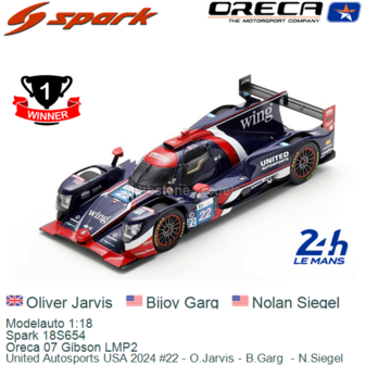 Modelauto 1:18 | Spark 18S654 | Oreca 07 Gibson LMP2 | United Autosports USA 2024 #22 - O.Jarvis - B.Garg  - N.Siegel 