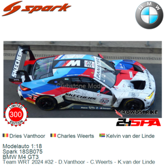 Modelauto 1:18 | Spark 18SB075 | BMW M4 GT3 | Team WRT 2024 #32 - D.Vanthoor - C.Weerts - K.van der Linde