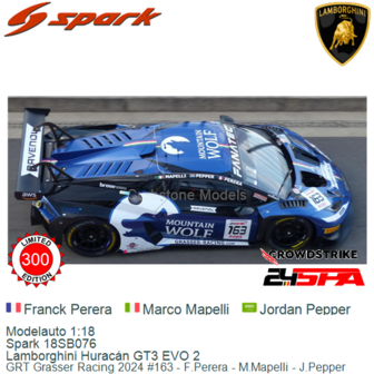 Modelauto 1:18 | Spark 18SB076 | Lamborghini Hurac&aacute;n GT3 EVO 2 | GRT Grasser Racing 2024 #163 - F.Perera - M.Mapelli - J.P