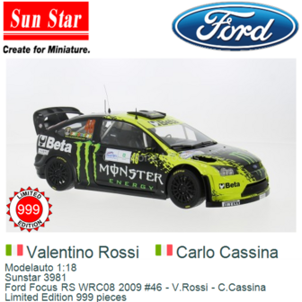 Modelauto 1:18 | Sunstar 3981 | Ford Focus RS WRC08 2009 #46 - V.Rossi - C.Cassina