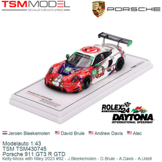 Modelauto 1:43 | TSM TSM430745 | Porsche 911 GT3 R GTD | Kelly-Moss with Riley 2023 #92 - J.Bleekemolen - D.Brule - A.Davis - A