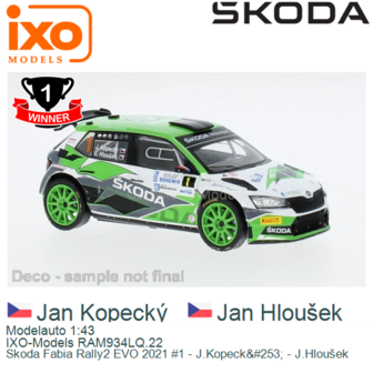 Modelauto 1:43 | IXO-Models RAM934LQ.22 | Skoda Fabia Rally2 EVO 2021 #1 - J.Kopeck&amp;#253; - J.Hlou&scaron;ek