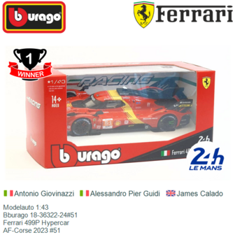 Modelauto 1:43 | Bburago 18-36322-24#51 | Ferrari 499P Hypercar | AF-Corse 2023 #51