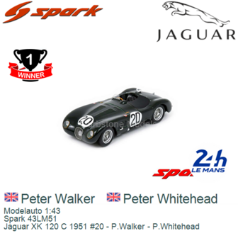 Modelauto 1:43 | Spark 43LM51 | Jaguar XK 120 C 1951 #20 - P.Walker - P.Whitehead