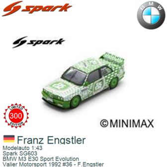 Modelauto 1:43 | Spark SG603 | BMW M3 E30 Sport Evolution | Valier Motorsport 1992 #36 - F.Engstler