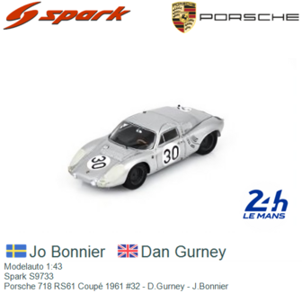 Modelauto 1:43 | Spark S9733 | Porsche 718 RS61 Coup&eacute; 1961 #32 - D.Gurney - J.Bonnier