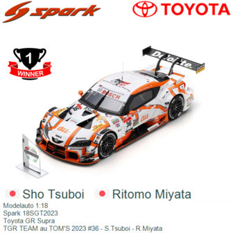 Modelauto 1:18 | Spark 18SGT2023 | Toyota GR Supra | TGR TEAM au TOM&#039;S 2023 #36 - S.Tsuboi - R.Miyata